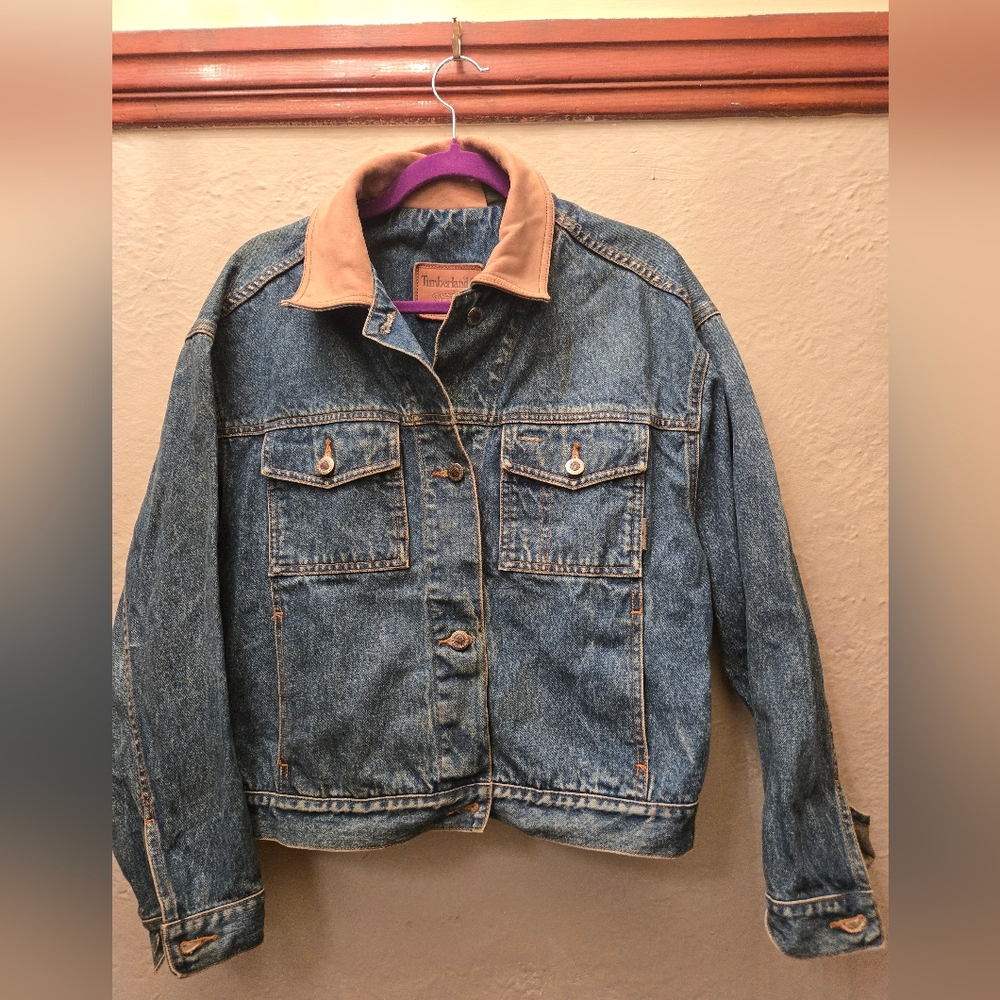 Vintage 90s Timberland Blue Denim Jacket with Suede Collar. Rare. collectible
